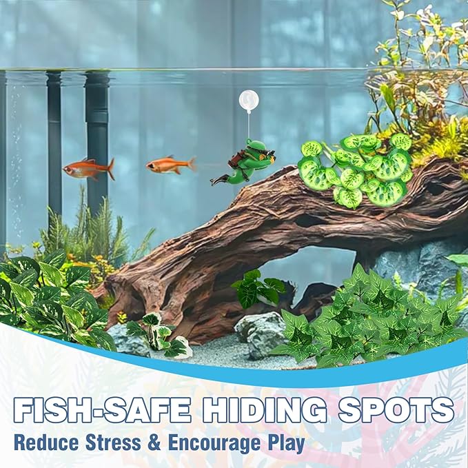 AZY 13-Piece Betta Fish Tank Decor – Realistic Aquarium Plants Set, Silk Aquarium Plants with Weighted Base, Aquarium Decor with Floating Diver Ornament for Fish Tank Decorations