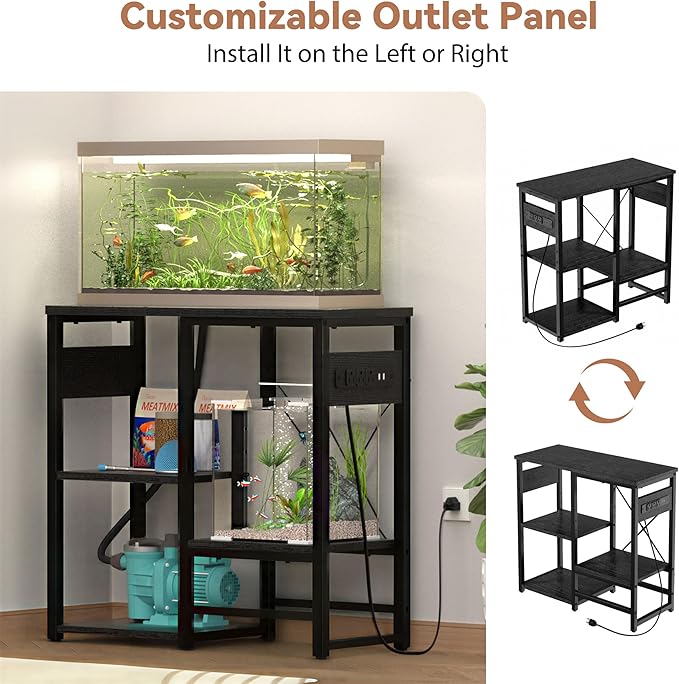 GRLEAF 5-10 Gallon Fish Tank Stand with Power Outlets, 4 Tier Metal Aquarium Stand with Wood Storage Shelves, 20.3" L x 10.6" W x 30.3" H Turtle Reptile Fish Tank Table Aquarium Table - Black