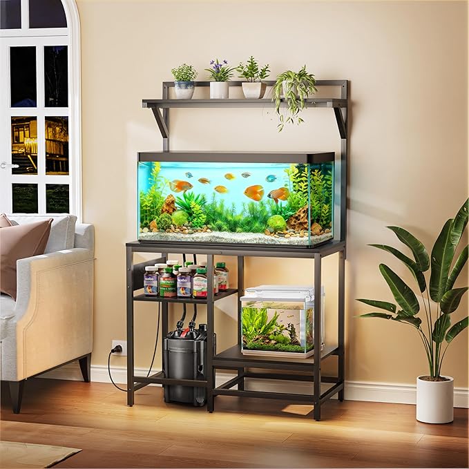 40 Gallon Fish Tank Stand, Aquarium Stand with Power Outlet, Heavy-Duty Reptile Terrarium Stand Table with Top Shelf and 4-Tier Adjustable Storage Shelves, 37.4" L x 19.7" W x 30" H(Black)