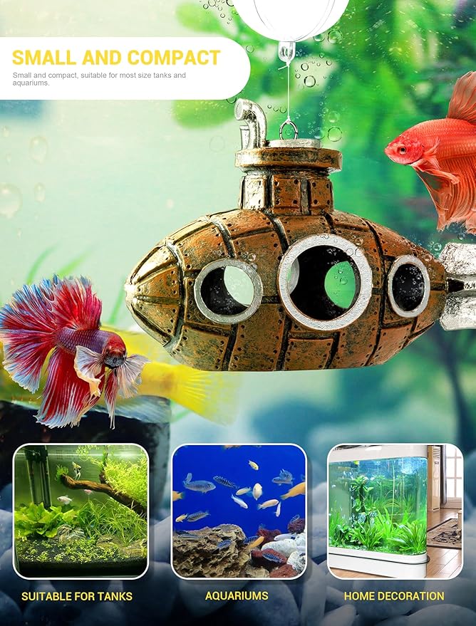 Floating Fish Tank Decoration, Little Cute Retro Submarine Aquarium Decoration with Two Float Balls, Resinous Fish Tank Accessorie, Safe Fish Toy for Betta Cichlid Goldfish Shrimps Hermit Crabs