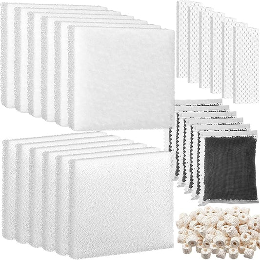 Threlaco 26 Pcs Aquarium Filter Media Kit Compatible with Fluval C4 (70 Gal) Power Filter, 6 White Foam Sponge Pads, 6 Poly Foam Sheets, 6 Bio-screen, 6 Activated Carbon, 2 Pack 7 Oz/200g Ceramic Ring