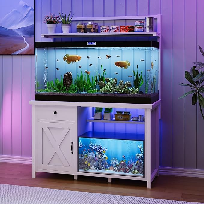 55-75 Gallon Fish Tank Stand with Power Outlet, Led Light, Heavy Duty Aquarium Stand with Cabinet for Fish Tank Accessories Storage, Shelf, for Turtle Tank, Reptile Terrarium, 1100 LBS (White)