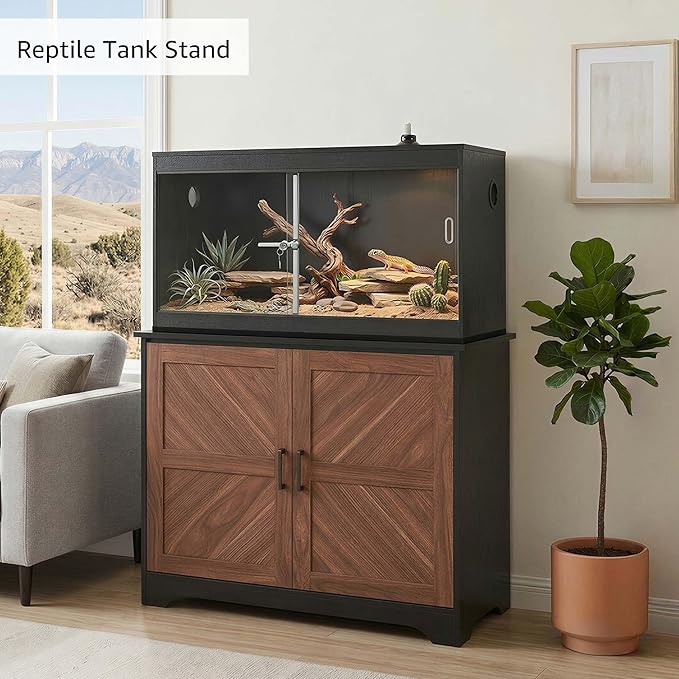 unipaws 20-40 gallon Fish Tank Stand , Aquarium Stand with Storage Cabinet, Wooden Tank Stand for Turtle Tank, Reptile Terrarium, Walnut and Black