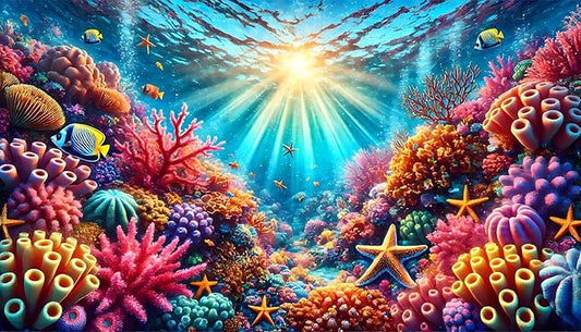 Undersea Coral Aquarium Background Marine Life Starfish Sunlit Fish Tank Background 24x12 Inches PVC Glass Container Decoration with Tapes