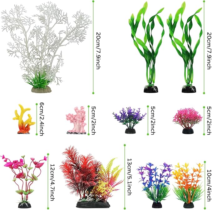 QUOZUO Aquarium Decorations Plants with Resin Coral, 12 pcs Fish Tank Accessories, Fish Tank Decorations Small Plants Plastic, Aquarium Decor Artificial Plant