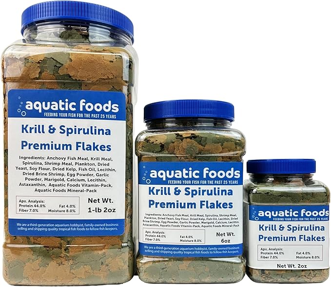 Premium Krill & Spirulina Flakes for Cichlids, Discus, Angels, Tetras, Guppies, Koi, Goldfish, All Tropical Fish Also Pellet Mix, Wafer Mix Included…2oz