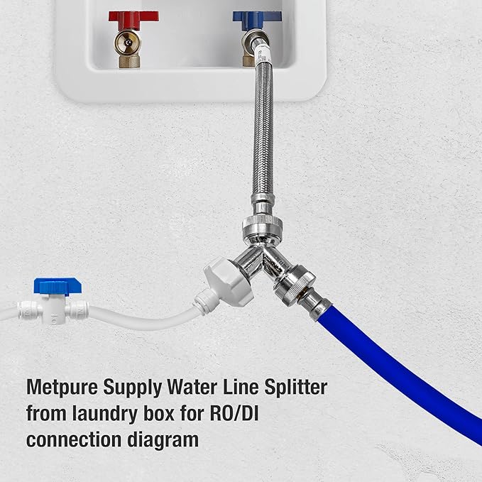 Metpure Washer Laundry Water Feed Line Splitter For Water Filtration RO Deionization Aquarium System 25’ Feet X 1/4” Tubing W/Shut Off Valve And Wye Connector + Supply Hose