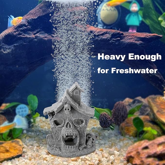 Carefree Fish Aquarium Haunted House Halloween Ghost Bubbler Decor Fish Hide-Out Ornament with 3Ft Tubing and Tiny Air Stone（No Included Air Pump