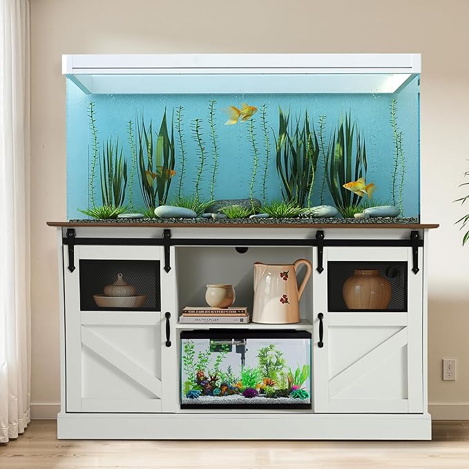 MAGIC UNION 55-75 Gallon Large Fish Tank Stand with Power Outlet, Heavy Duty Aquarium Stand with Sliding Barn Doors, Turtle Reptile Terrarium Stand with Cabinet for Accessories Storage, 1300LBS(White)