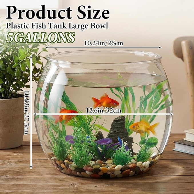 Lounsweer 12 Pcs 5 Gallon Large Fish Tank Plastic Fish Bowl Shatterproof with Aquarium Decor Artificial Plastic Plant and Rock Cave Goldfish Betta Tank Decor for Terrarium Flower Vase Centerpiece Gift