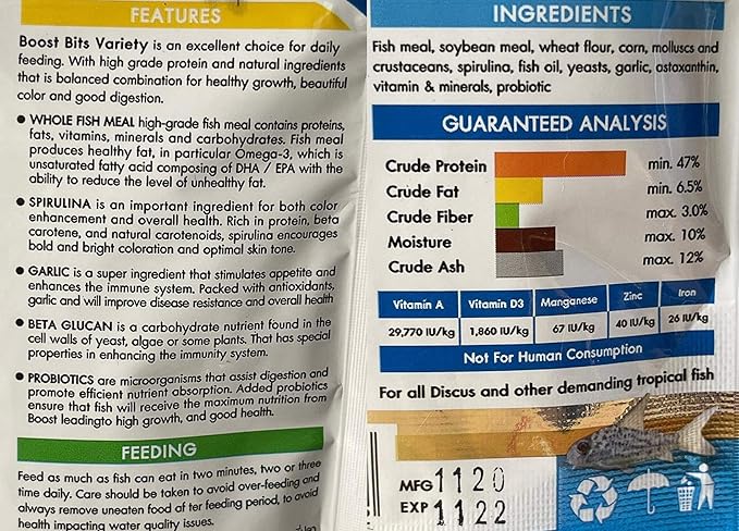 A.D.P. Fish Booster Bits Variety All Discus & Tropical Fish Food Mini Slow Sinking Pellets Grow Faster & Color Enhancing High Protein 47% for Goldfish & Aquarium Tropical Fish 60 g. Small Fish Feed