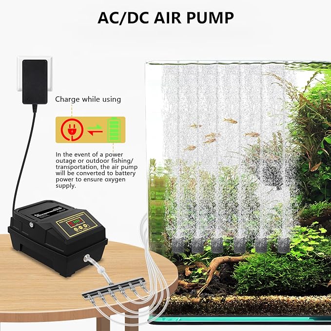 AQQA Powerful Aquarium Air Pump with 6 Outlets Battery Rechargeable Waterproof Outdoor Pond Oxygen Pump Fish Air Bubbler with Air Stones, Air Tubes and Valves (10W, 260GPH)