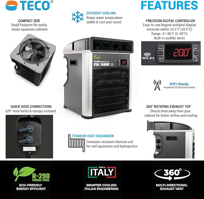 TECO 1/6 HP Aquarium Water Chiller - Ultra-Quiet, Energy-Efficient Temperature Control for Reef, Saltwater, Freshwater & Axolotl Tanks up to 120 Gallons