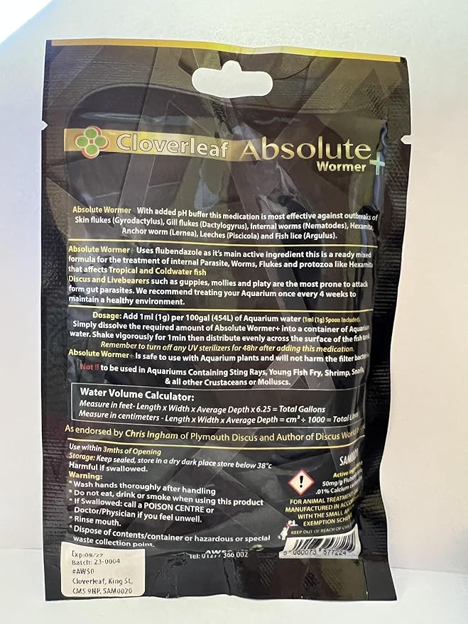 Absolute Wormer Plus (50g) Fish wormer Powder, Rapidly Reduces Gut Parasite Burden. Aquarium Anti-wormer. Effective Against flukes, Worms, parasites, and Fish lice. Internal and External parasites