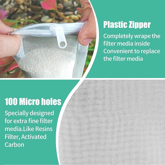 AQUANEAT Aquarium Filter Media Bags 6pcs Fish Tank Extra Fine 100 Micron Mesh Bags with Plastic Zipper for Activated Carbon (3” x 4”)