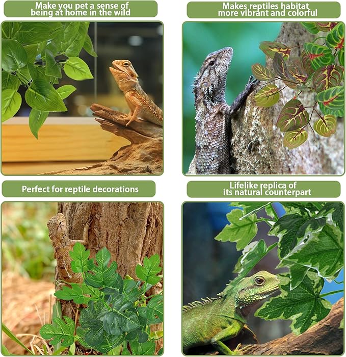 PINVNBY Reptile Terrarium Plants Hanging Artificial Lizards Habitat Climbing Decorations with Suction Cup Pets Tank Fake Green Plastic Ornament for Amphibians Bearded Dragons 6PCS…