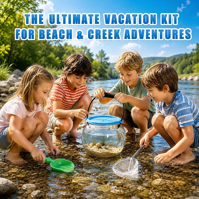 Kids Beach Exploration Kit, Catch & Release Aquarium Toy Set with Net, Crab Tongs, Sand Shovels & Clear Critter Keeper, Beach Toys for Kids Ages 2–12 (Beach, Lake, River)
