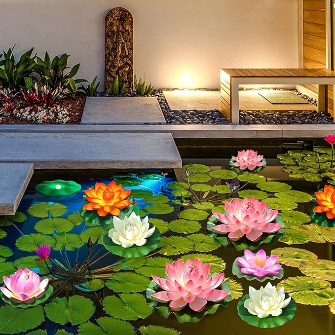 Artificial Floating Foam Lotus Flower with Water Lily Pad, Realistic Ornanment Perfect for Home Outdoor Patio Pond Aquarium Wedding Party Decorations, 10PCS