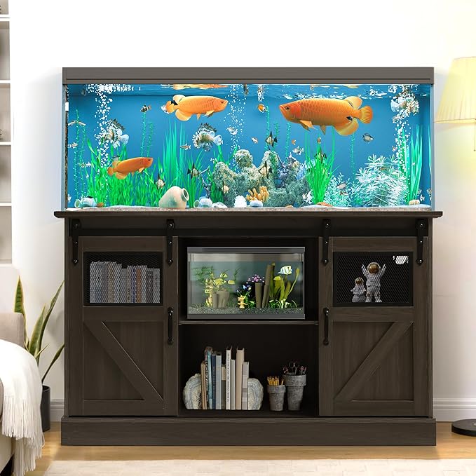 55-75 Gallon Fish Tank Stand with Sliding Barn Doors & Power Outlet, Heavy Duty Aquarium Stand with Cabinet Storage for 2 Fish Tank/Turtle Tank/Reptile Terrarium Accessories, 1300LBS (Grey)