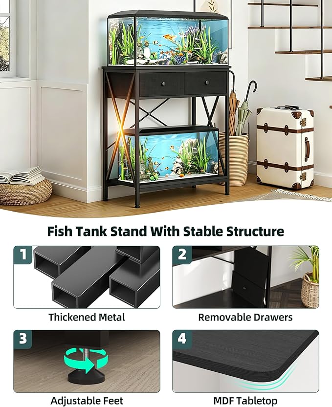 Fish Tank Stand 29 Gallon: Sturdy Aquarium Stand with Accessories Storage - Metal Fish Tank Table for 20-29 Gallon Reptile Breeder Turtle Terrarium - 30.7"x16.5" Weight Capacity 330 lbs