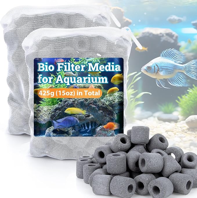 Sukh Ceramic Rings for Aquarium Filter – 1.6cm Porous Bio Media, 15oz Fish Tank Filtration Replacement for 20–55 Gallon Canister & Pond Systems, Includes 2 Media Bags for Freshwater Saltwater Setup