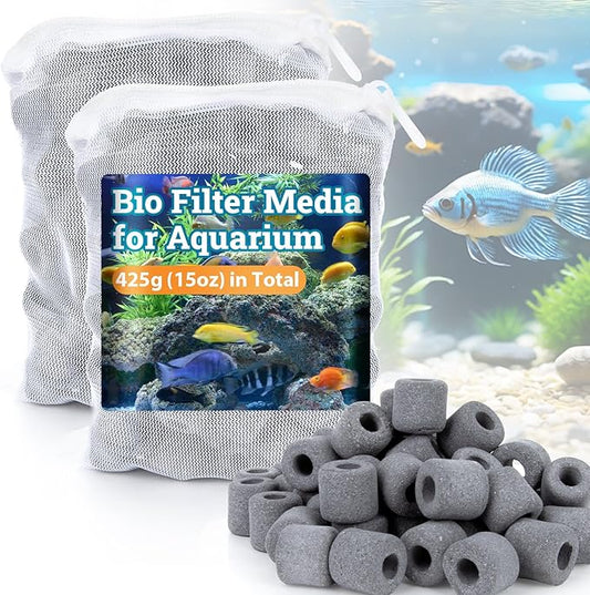 Sukh Ceramic Rings for Aquarium Filter – 1.6cm Porous Bio Media, 15oz Fish Tank Filtration Replacement for 20–55 Gallon Canister & Pond Systems, Includes 2 Media Bags for Freshwater Saltwater Setup