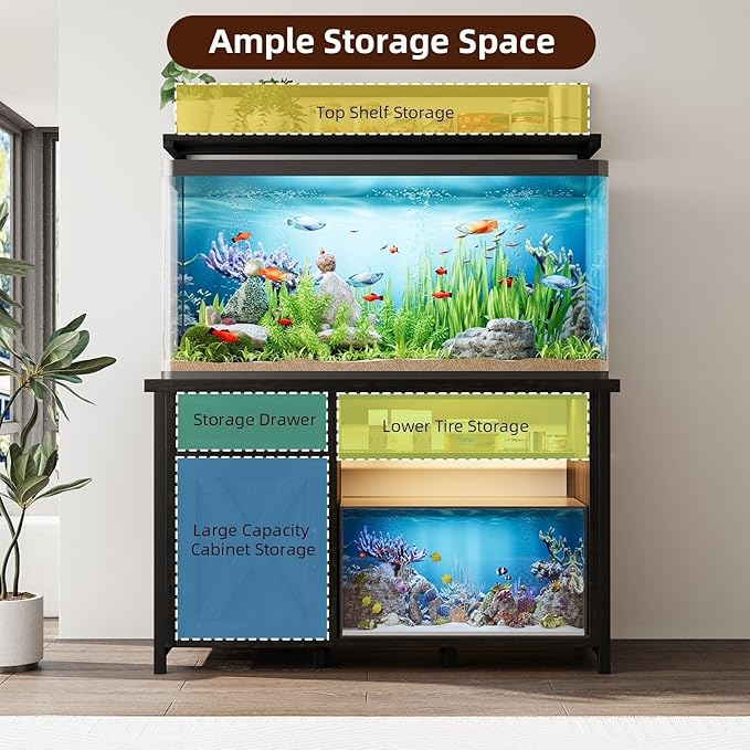 55-75 Gallon Fish Tank Stand with Power Outlet, Led Light, Heavy Duty Aquarium Stand with Cabinet for Fish Tank Accessories Storage, Shelf, for Turtle Tank, Reptile Terrarium, 1100 LBS (Oak)