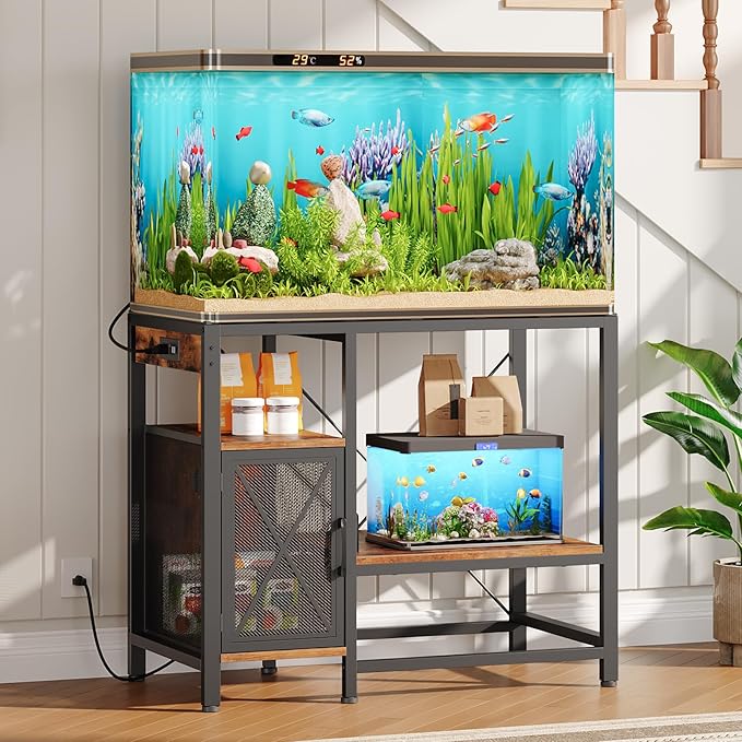 MAHANCRIS 40-50 Gallon Fish Tank Stand, Aquarium Stand with Power Outlet and Storage Cabinet, Heavy Duty Tank Stand Suitable for Turtle Tank, Reptile Terrarium, for Home Office, Rustic Brown FTHR50E01