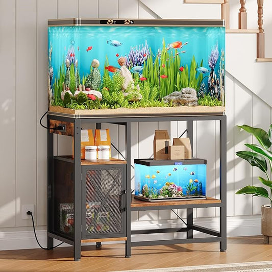 MAHANCRIS 40-50 Gallon Fish Tank Stand, Aquarium Stand with Power Outlet and Storage Cabinet, Heavy Duty Tank Stand Suitable for Turtle Tank, Reptile Terrarium, for Home Office, Rustic Brown FTHR50E01