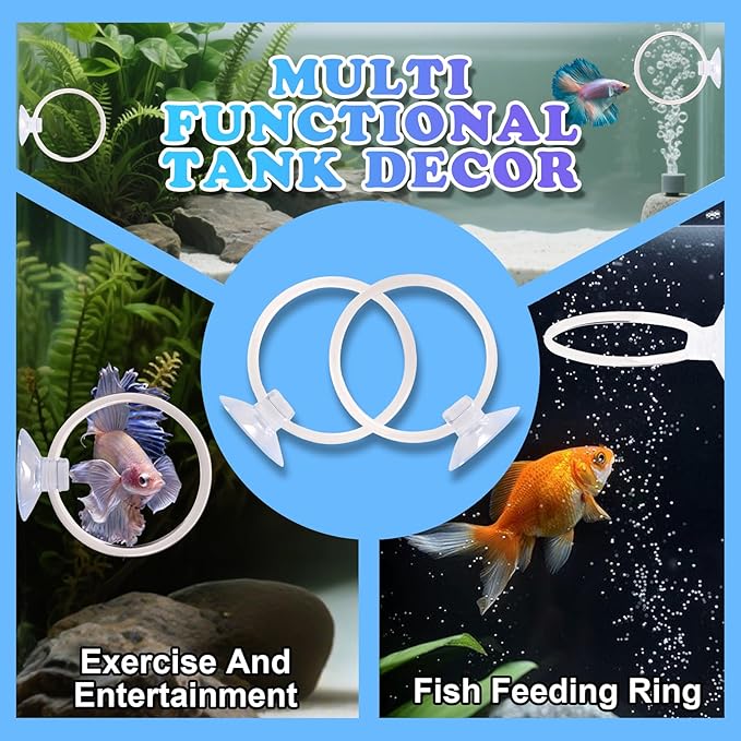 Betta Fish Toys, 2 PCS Fish Exercise Ring and Nitrifying Balls Set, Betta Mirror Toy Set, Feeding Ring with Suction Cup, Fishing Tank Accessories for Gifts (White)