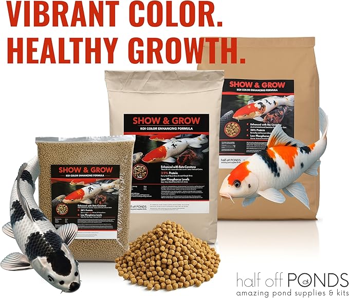 HALF OFF PONDS Show & Grow Koi Fish Food - 30 lb Floating Pellets, 3mm Size - Goldfish Food for Ponds - 35% Protein with Beta Carotene & Vitamins - Enhances Color Vibrancy & Body Definition