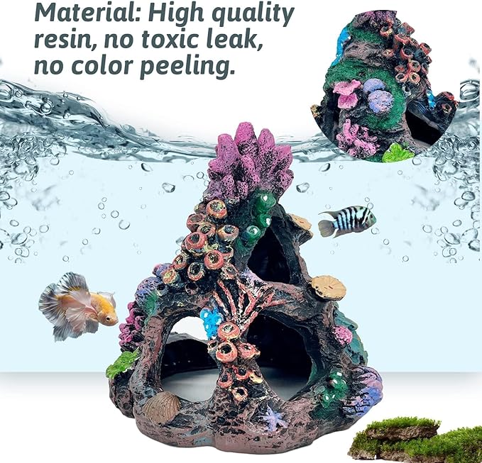 PINVNBY Coral Aquarium Decorations (Size: 6.3 x 4.7 x 4.7 inches) Small Fish Tank Decorations Hideout Resin Rock Mountain Cave Ornaments Betta Hideout House for Beta Sleep Rest Hide Play Breed