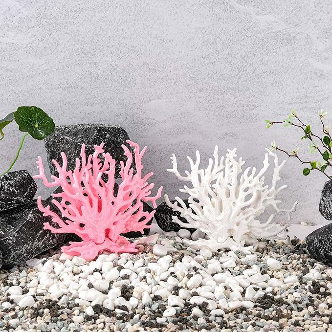2 Pack Artificial Coral Reef Decor for Aquarium Pink and White Fish Tank Decorations for Landscaping Cute Plastic Ornaments for Terrarium