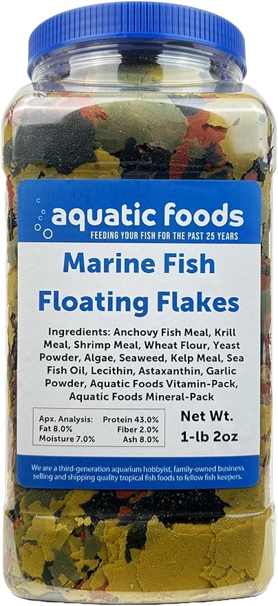 Marine Fish Premium Flakes for All Marine & Tropical Fish. Aquatic Foods Premium Flakes…1-lb 2oz Lg Jar