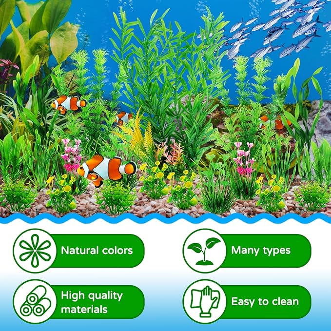 QUOZUO Fish Tank Plants, 20pcs Aquarium Decor Green Plants Artificial Aquarium Decorations Plant, Fish Tank Accessories for Household and Office Aquarium Simulation, Small to Large