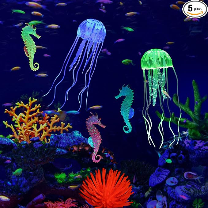 Lpraer 6 Pieces Glow Aquarium Ornaments Artificial Glow Floating Jellyfish Seahorse Anemones Silicone Simulation Fish Tank Decorations for Fish Tank
