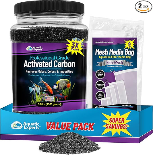 Premium Activated Carbon for Aquariums – 3 lbs Bulk Granulated Charcoal + Four 3" x 8" Fine Mesh Filter Bags, Aquarium Carbon Filter Media for Crystal Clear Fish Tanks