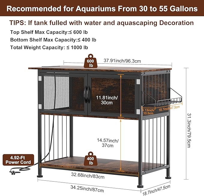 TQVAI 40-55 Gallon Fish Tank Stand with Power Outlets, Heavy Duty Aquarium Stand with Cabinet Storage Fish Tank Accessories, Large Reptile Terrarium Tank Stand, Black/Vintage