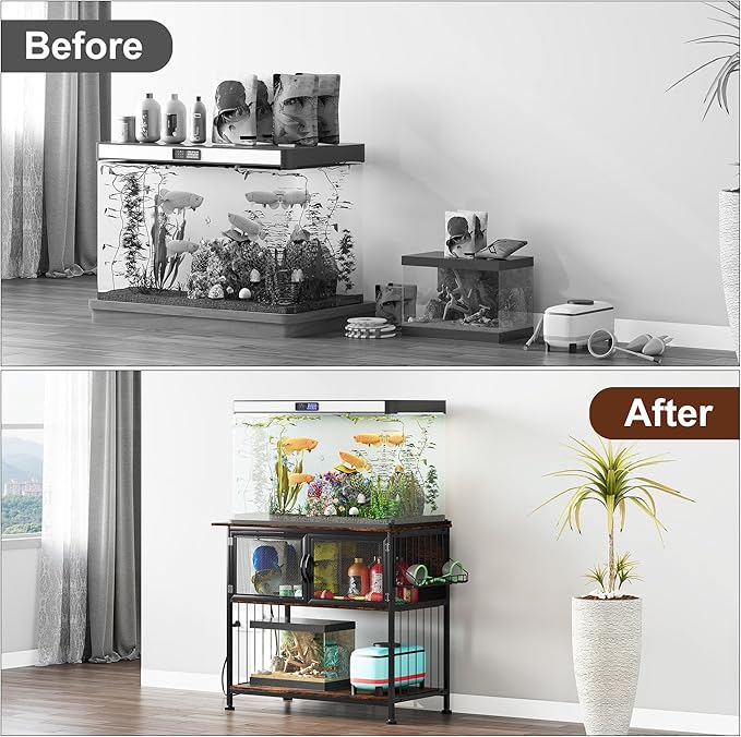 TQVAI 40-55 Gallon Fish Tank Stand with Power Outlets, Heavy Duty Aquarium Stand with Cabinet Storage Fish Tank Accessories, Large Reptile Terrarium Tank Stand, Black/Vintage
