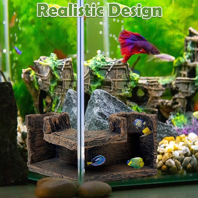 kathson Aquarium Hideaway Cave Underground Tunnel Hideout Resin Rock Dual Hole Hideout for Corners View Fish in Aquarium Decoration with 2PCS Plastic Aquatic Plants for Betta Shrimp Guppy Hide