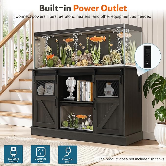 MAGIC UNION 55-75 Gallon Large Fish Tank Stand with Power Outlet, Heavy Duty Aquarium Stand with Sliding Barn Doors, Turtle Reptile Terrarium Stand with Cabinet for Accessories Storage, 1300LBS (Gray)