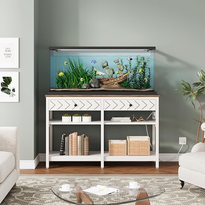 40-50 Gallon Aquarium Stand, Fish Tank Stand with Power Outlets and Drawers, Heavy Duty Metal Reptile Tank Stand for Turtle, 911LBS Capacity, White and Brown (No Aquarium)