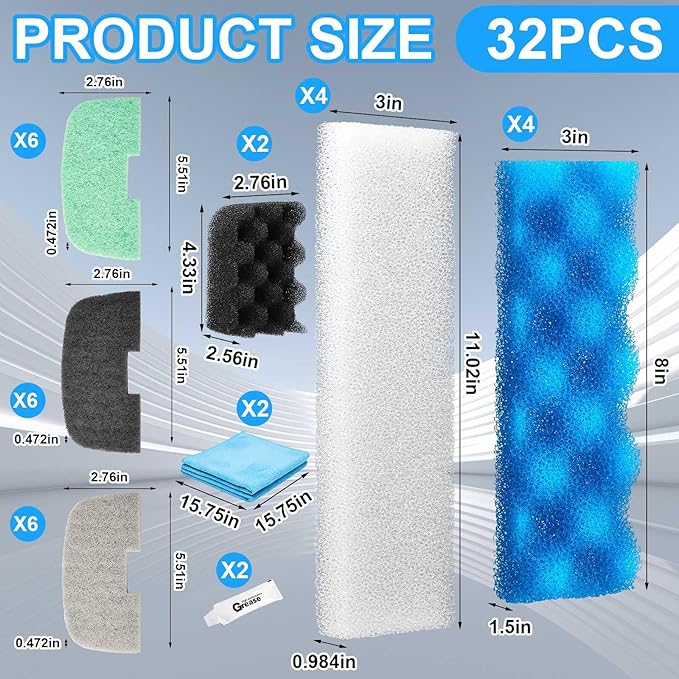 Threlaco 32 Pcs Aquarium Replacement Maintenance Kit Compatible with Fluval 206/207 Filter Media Including Biological Sponge, Ammonia/Phosphate/Nitrite Remover Pad, Aquarium Towel, Grease