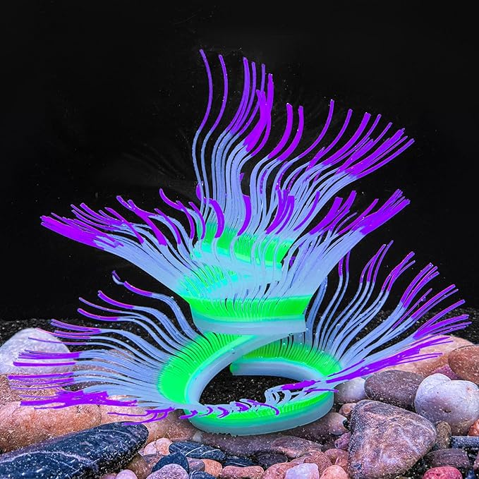 Soft Silica Gel Moves Naturally with Water Flow, Aquarium Decorations Glow in The Dark, Glowing Coral Ornaments for Fish Tank Decorations (Purple, Anemone)