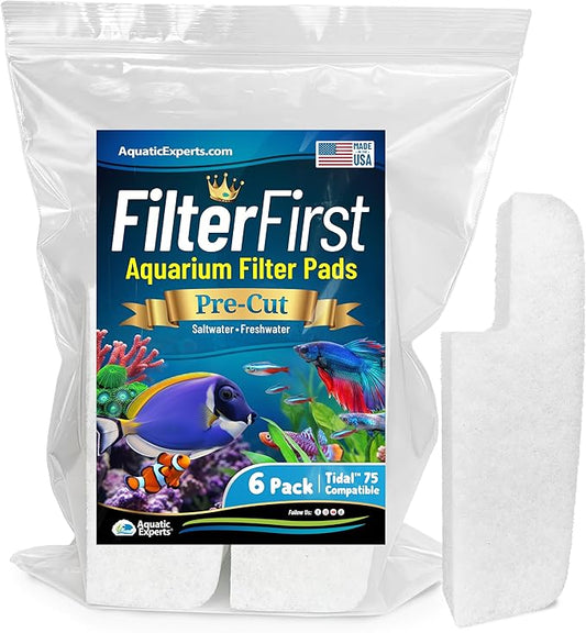 Aquatic Experts Aquarium Filter Floss for Fish Tank Filters - FilterFirst Aquarium Filter Pad - Media for Crystal Clear Water, (6 Pack, Tidal 75 Compatible)