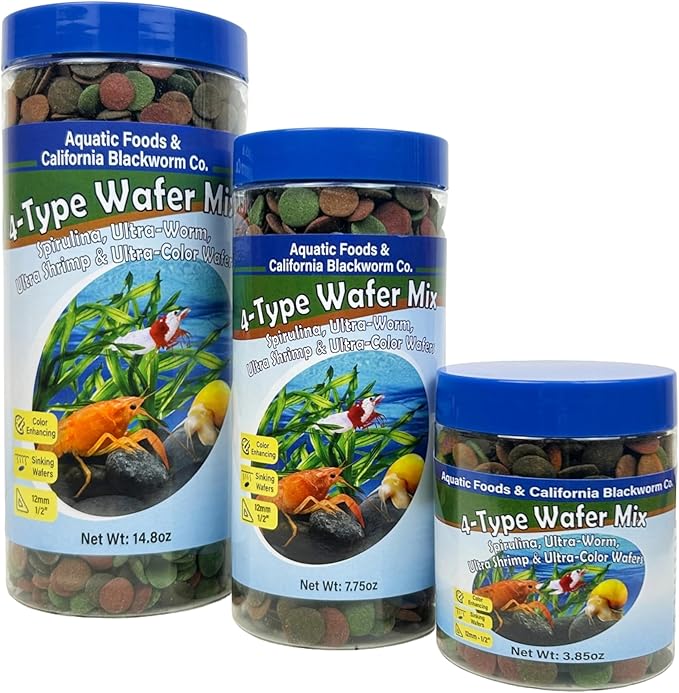 4-Type 12mm - 1/2" Sinking Wafer Mix of Spirulina-Algae, Ultra-Worm, Shrimp, Color Enhancing for Shrimp, Snails, Crayfish, Bottom Fish, 12-Type Pellets Included...11.5oz Canister
