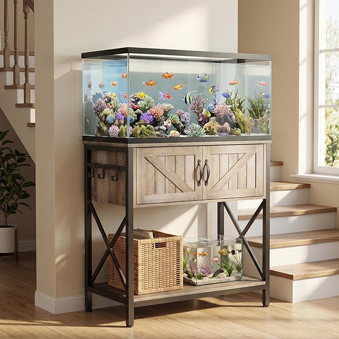 Petrova 20-29 Gallon Fish Tank Stand, Metal Double Aquarium Stand with Storage Cabinet, Heavy Duty 31.5" L* 16.54" W Tabletop, 330LBS Capacity, Rustic Brown