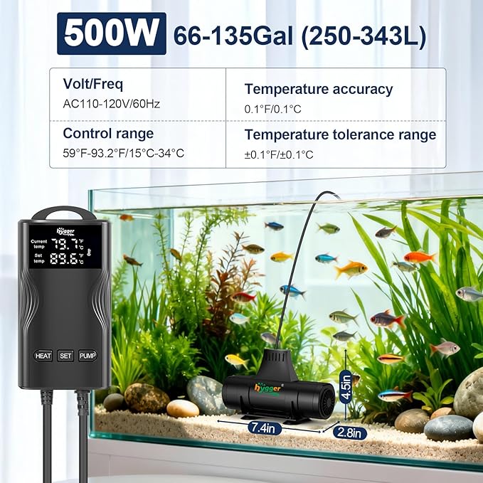hygger Aquarium Heater with Upgrade Water Circulatio,Submersible Fish Tank Water Heater Digital Display,Auto Temperature Control for Freshwater Saltwater Safety Shut-Off Protection (800W,80~220Gal)
