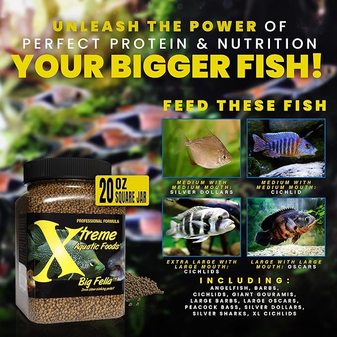 Xtreme Big Fella 3.0mm Pellets: Professional Nutrition for Medium to Large Cichlid/Community Fish - Boost Immune & Digestive Health, Color & Energy, Max Protein Fish Food – USA Farm Grown (20oz)