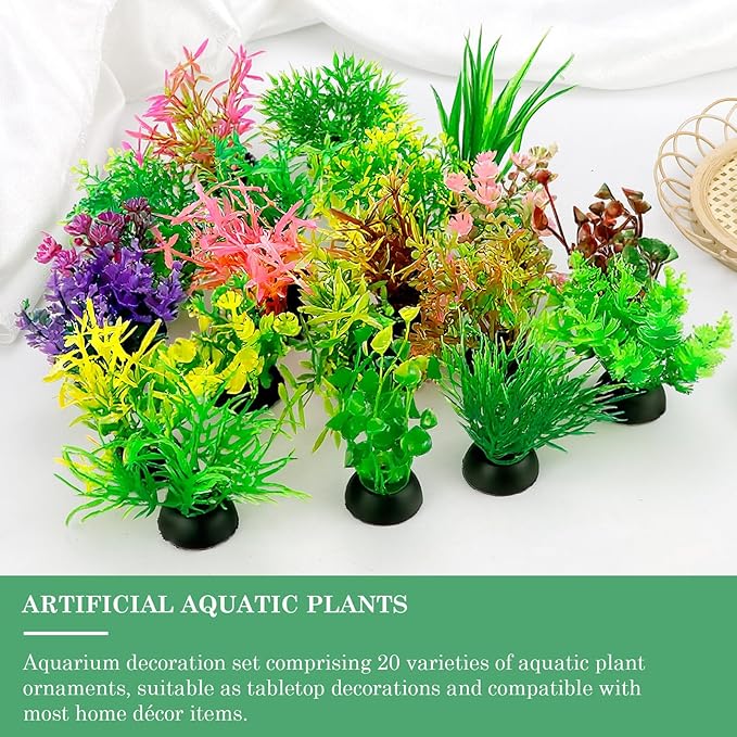 20PCS Colorful Aquarium Decorations Set - Artificial Plastic Plants with Stable Base Fake Underwater Plants for Freshwater Small Aquariums